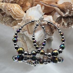 Handmade Iridescent Beaded Hoop Earrings